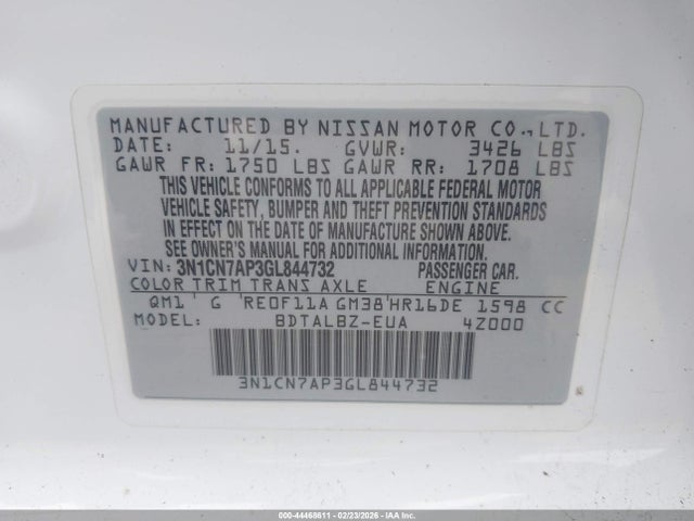 Nissan Versa 1.6 Sv 2016 3N1CN7AP3GL844732 Image 9