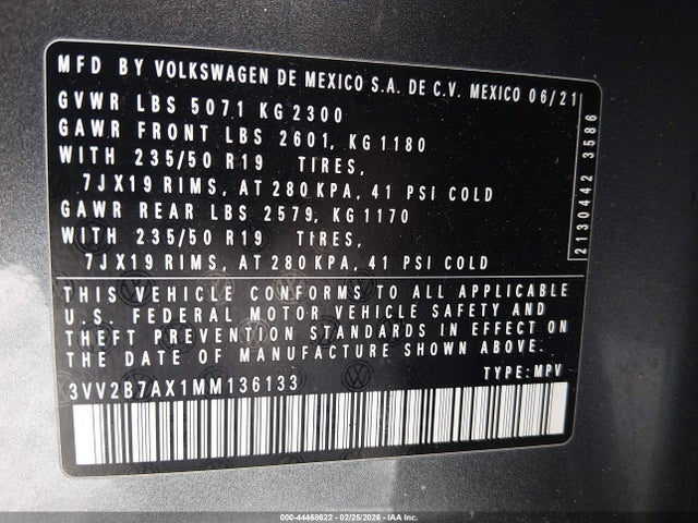 2021 VOLKSWAGEN TIGUAN 3VV2B7AX1MM136133 Photo 8