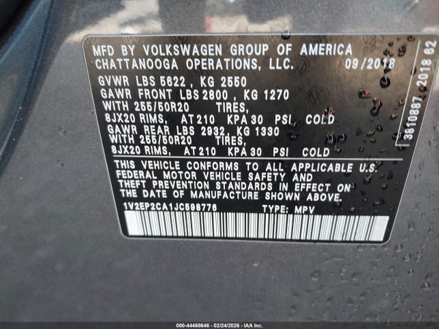 Продаж на аукціоні авто 2018 Volkswagen Atlas 2.0t Sel, vin: 1V2EP2CA1JC598776, номер лоту: 44468646