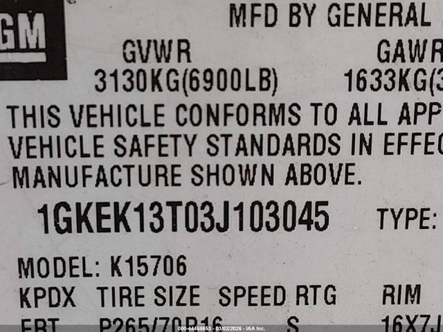 2003 Gmc Yukon Slt მანქანა იყიდება აუქციონზე, vin: 1GKEK13T03J103045, აუქციონის ნომერი: 44468653