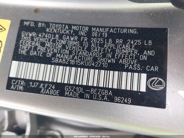 2019 Lexus Es 350 F Sport მანქანა იყიდება აუქციონზე, vin: 58ABZ1B15KU042710, აუქციონის ნომერი: 44468688