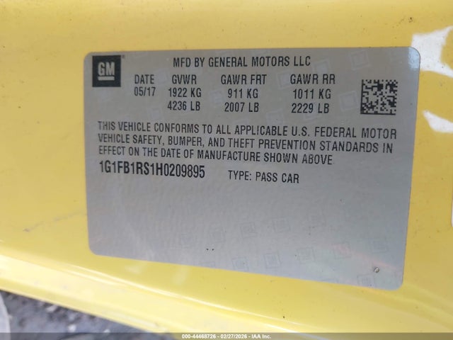 2017 Chevrolet Camaro 1lt მანქანა იყიდება აუქციონზე, vin: 1G1FB1RS1H0209895, აუქციონის ნომერი: 44468726