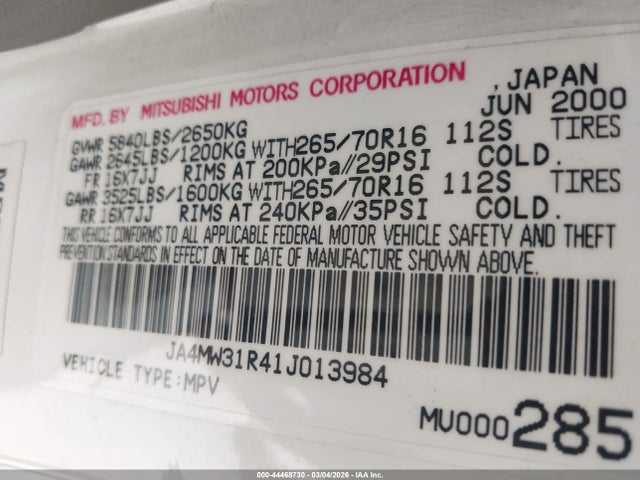 2001 MITSUBISHI MONTERO JA4MW31R41J013984 Photo 8