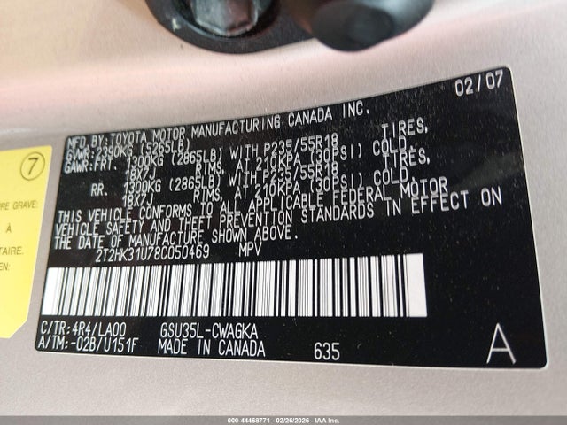44468771 :رقم المزاد ، 2T2HK31U78C050469 vin ، 2008 Lexus Rx 350 مزاد بيع