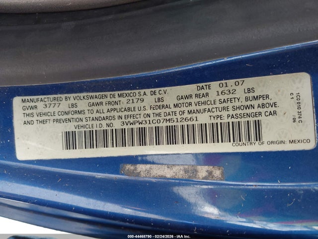 2007 Volkswagen New Beetle 2.5 მანქანა იყიდება აუქციონზე, vin: 3VWPW31C07M512661, აუქციონის ნომერი: 44468790