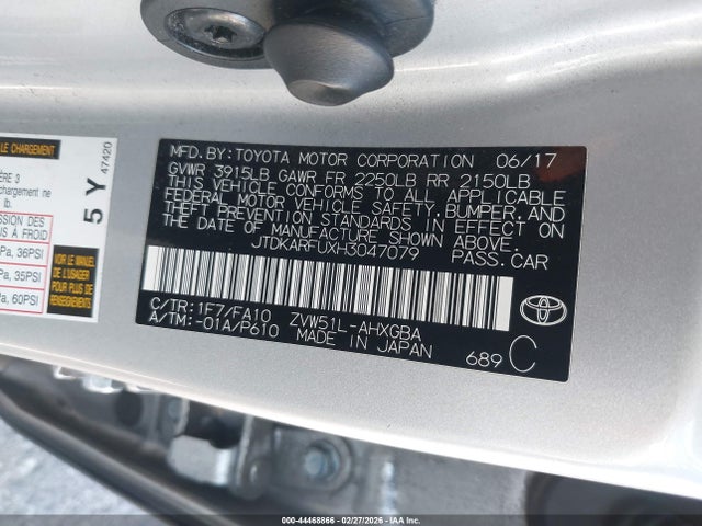 JTDKARFUXH3047079 Toyota Prius Three