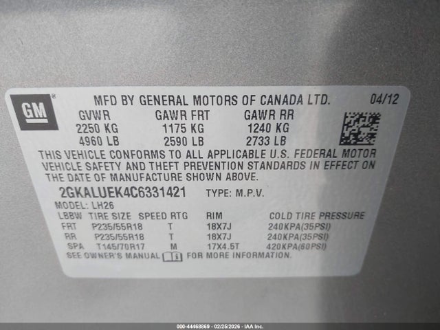 Aukcja sprzedaży 2012 Gmc Terrain Slt-1, vin: 2GKALUEK4C6331421, numer aukcji: 44468869