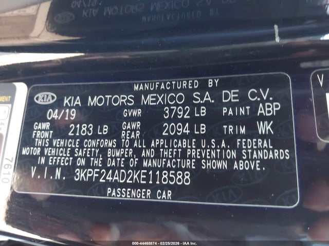 3KPF24AD2KE118588 KIA Forte Lxs