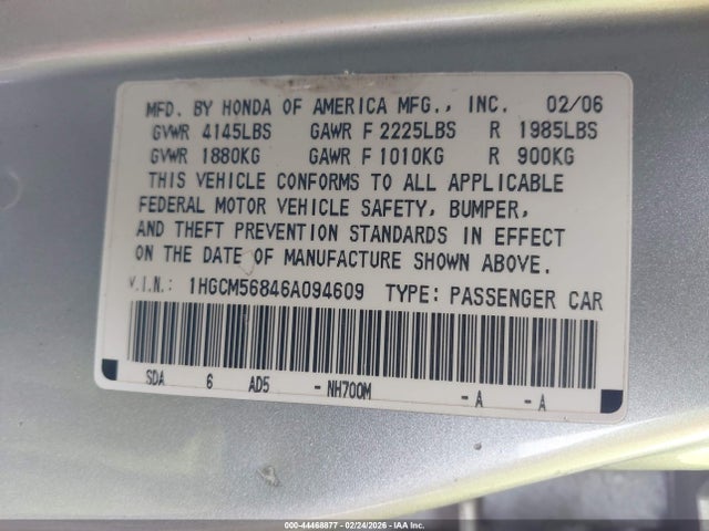 2006 Honda Accord 2.4 Ex მანქანა იყიდება აუქციონზე, vin: 1HGCM56846A094609, აუქციონის ნომერი: 44468877