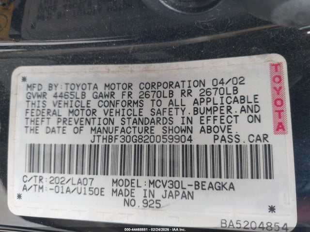 Aukcja sprzedaży 2002 Lexus Es 300, vin: JTHBF30G820059904, numer aukcji: 44468881