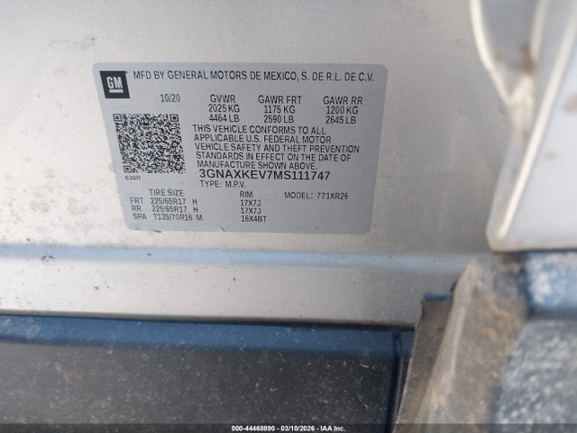 Продажа на аукционе авто 2021 Chevrolet Equinox Fwd Lt, vin: 3GNAXKEV7MS111747, номер лота: 44468890