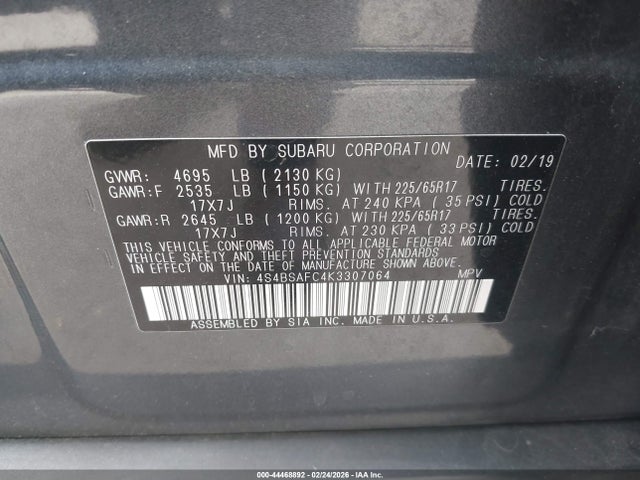 Aukcja sprzedaży 2019 Subaru Outback 2.5i Premium, vin: 4S4BSAFC4K3307064, numer aukcji: 44468892
