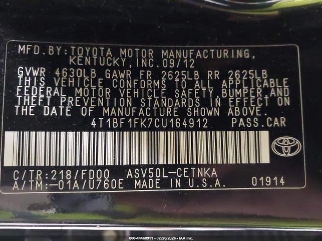 Aukcja sprzedaży 2012 Toyota Camry Le, vin: 4T1BF1FK7CU164912, numer aukcji: 44468911