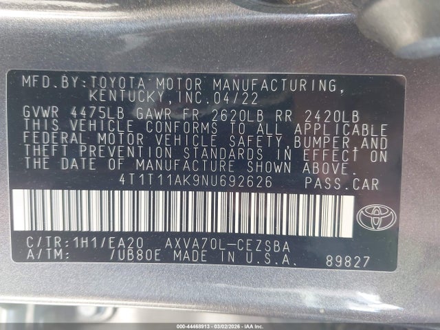 4T1T11AK9NU692626 Toyota CAMRY SE