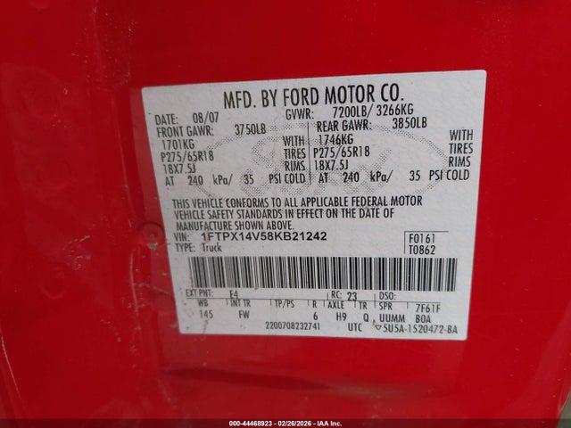 44468923 :رقم المزاد ، 1FTPX14V58KB21242 vin ، 2008 Ford F-150 Xlt مزاد بيع