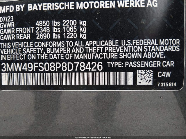 2023 Bmw M340i მანქანა იყიდება აუქციონზე, vin: 3MW49FS08P8D78426, აუქციონის ნომერი: 44468929