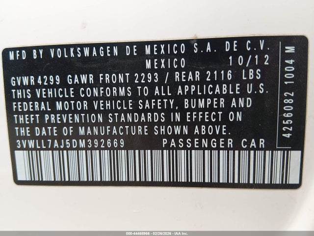 44468966 :رقم المزاد ، 3VWLL7AJ5DM392669 vin ، 2013 Volkswagen Jetta 2.0l Tdi مزاد بيع