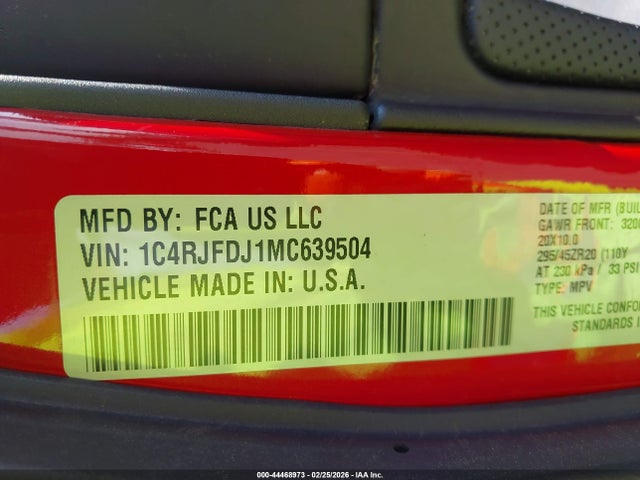 1C4RJFDJ1MC639504 Jeep Grand Cherokee Srt 4x4