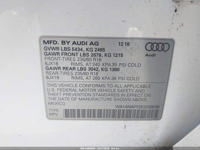 Продажа на аукционе авто 2019 Audi Q5 45 Premium, vin: WA1ANAFY2K2039036, номер лота: 44468986