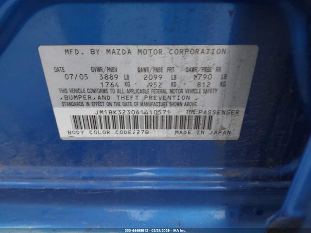 44469012 :رقم المزاد ، JM1BK323061410571 vin ، 2006 Mazda Mazda3 S مزاد بيع