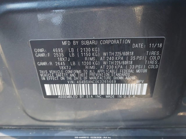 Продаж на аукціоні авто 2019 Subaru Outback 2.5i Limited, vin: 4S4BSANC0K3265669, номер лоту: 44469018