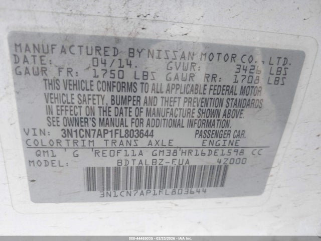 3N1CN7AP1FL803644 Nissan Versa 1.6 Sv