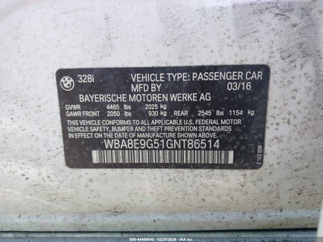 Продаж на аукціоні авто 2016 Bmw 328i, vin: WBA8E9G51GNT86514, номер лоту: 44469040