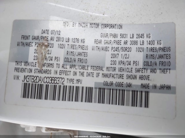 2012 Mazda Cx-9 Grand Touring მანქანა იყიდება აუქციონზე, vin: JM3TB2DAXC0366372, აუქციონის ნომერი: 44469045
