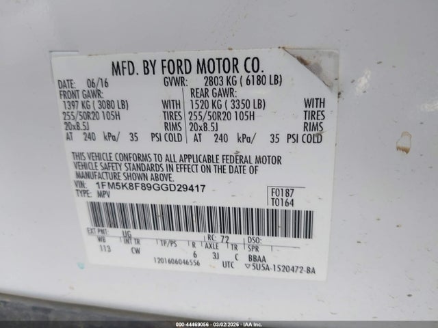 Ford Explorer Limited 2016 1FM5K8F89GGD29417 Image 9