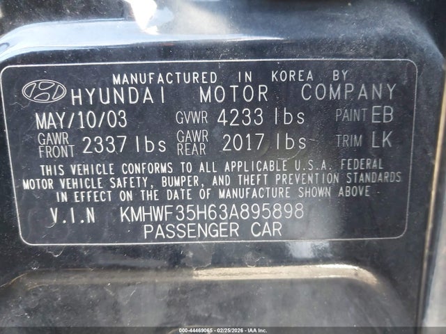 2003 HYUNDAI SONATA KMHWF35H63A895898 Photo 8