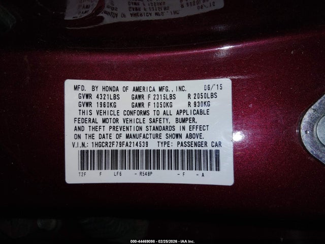 Honda ACCORD EX 2015 1HGCR2F79FA214539 Image 9