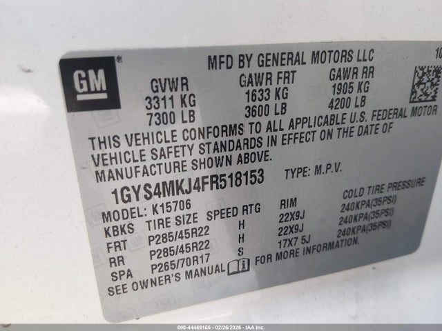 44469105 :رقم المزاد ، 1GYS4MKJ4FR518153 vin ، 2015 Cadillac Escalade Luxury مزاد بيع