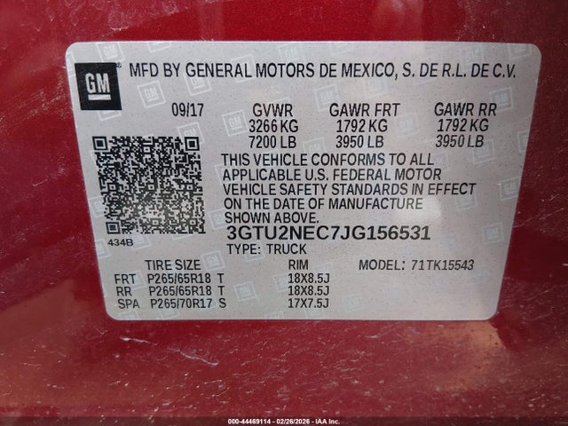 Продаж на аукціоні авто 2018 Gmc Sierra 1500 Slt, vin: 3GTU2NEC7JG156531, номер лоту: 44469114