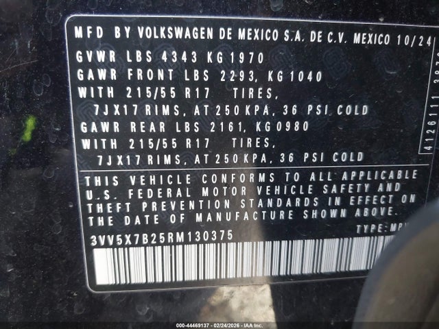 2024 Volkswagen Taos 1.5t S მანქანა იყიდება აუქციონზე, vin: 3VV5X7B25RM130375, აუქციონის ნომერი: 44469137