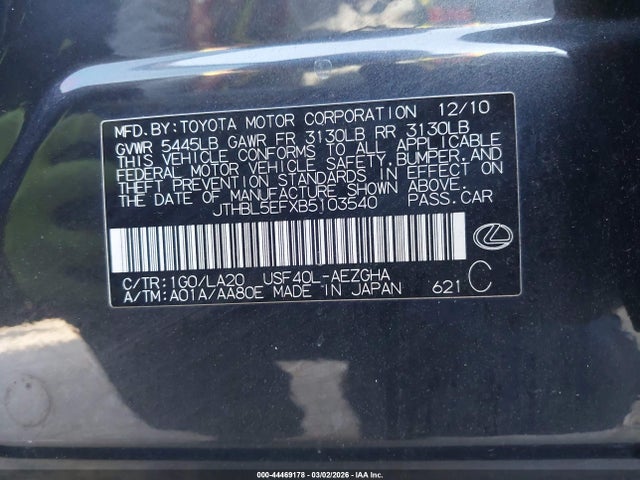 Продажа на аукционе авто 2011 Lexus Ls 460, vin: JTHBL5EFXB5103540, номер лота: 44469178