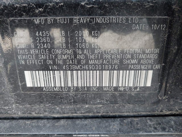 2013 Subaru Legacy 2.5i Premium მანქანა იყიდება აუქციონზე, vin: 4S3BMCH69D3018976, აუქციონის ნომერი: 44469202