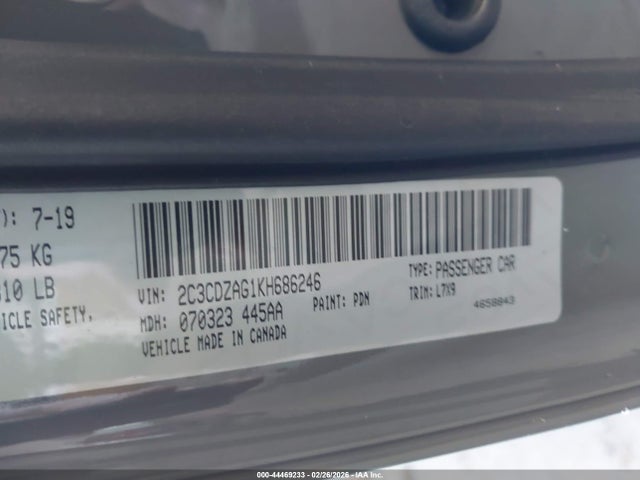 44469233 :رقم المزاد ، 2C3CDZAG1KH686246 vin ، 2019 Dodge Challenger Sxt مزاد بيع