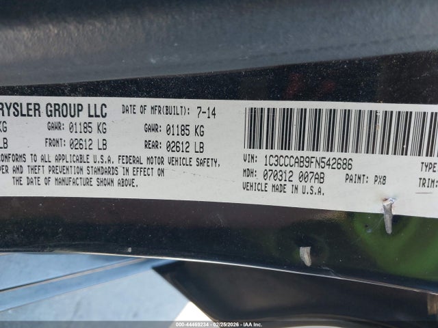 2015 Chrysler 200 Limited მანქანა იყიდება აუქციონზე, vin: 1C3CCCAB9FN542686, აუქციონის ნომერი: 44469234
