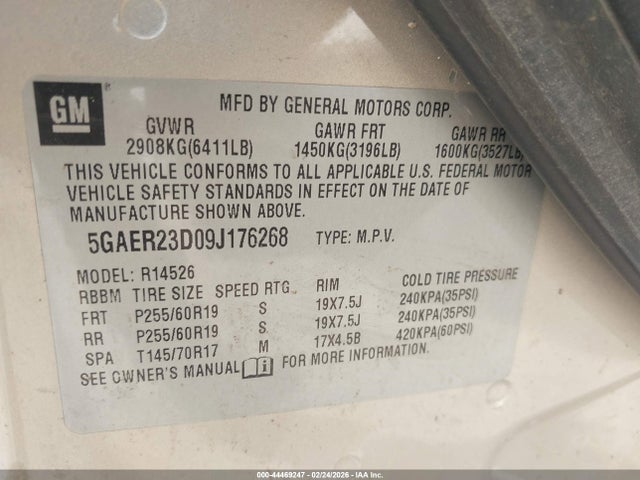 2009 Buick Enclave Cxl მანქანა იყიდება აუქციონზე, vin: 5GAER23D09J176268, აუქციონის ნომერი: 44469247