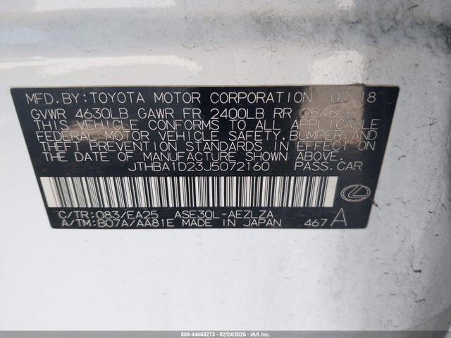 Aukcja sprzedaży 2018 Lexus Is 300, vin: JTHBA1D23J5072160, numer aukcji: 44469273