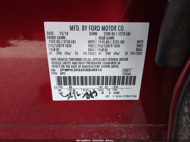 2019 Ford Edge Titanium მანქანა იყიდება აუქციონზე, vin: 2FMPK3K92KBB48914, აუქციონის ნომერი: 44469274