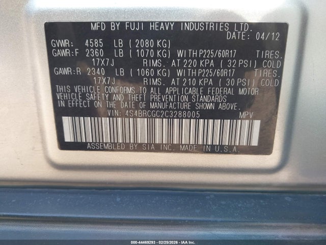 44469293 :رقم المزاد ، 4S4BRCGC2C3288005 vin ، 2012 Subaru Outback 2.5i Premium مزاد بيع