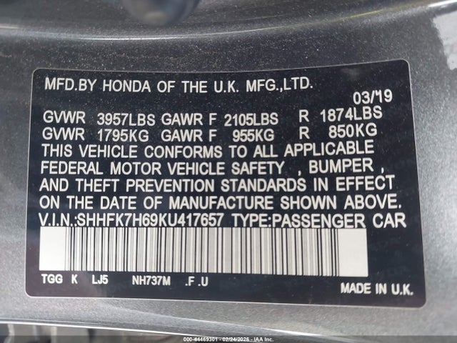 SHHFK7H69KU417657 Honda CIVIC EX