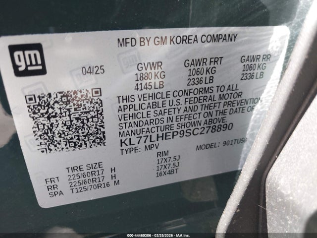 Продаж на аукціоні авто 2025 Chevrolet Trax Fwd Lt, vin: KL77LHEP9SC278890, номер лоту: 44469306