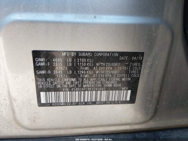 Продаж на аукціоні авто 2019 Subaru Outback 2.5i Premium, vin: 4S4BSAFC8K3343842, номер лоту: 44469318
