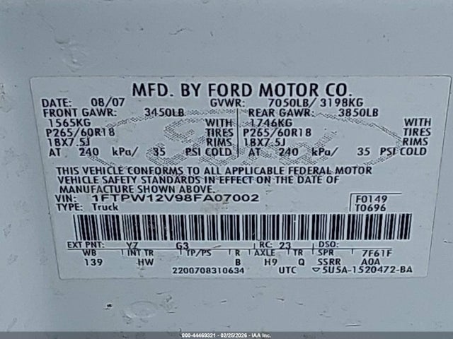Aukcja sprzedaży 2008 Ford F-150 60th Anniversary/fx2/king Ranch/lariat/xlt, vin: 1FTPW12V98FA07002, numer aukcji: 44469321