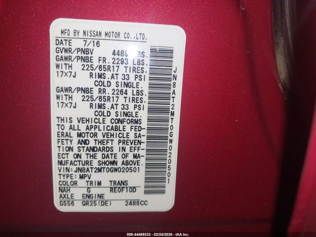 JN8AT2MT0GW020501 Nissan ROGUE S
