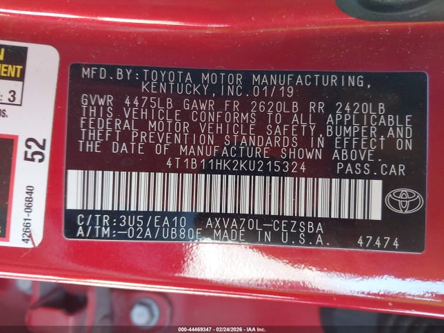 4T1B11HK2KU215324 Toyota CAMRY SE