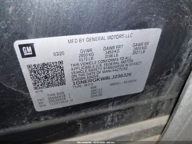 1GNERGKW8LJ236326 Chevrolet Traverse Fwd Lt Cloth