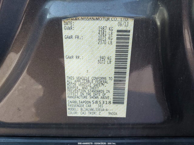 44469379 :رقم المزاد ، 1N4BL3AP0DN585318 vin ، 2013 Nissan Altima 3.5 Sl مزاد بيع